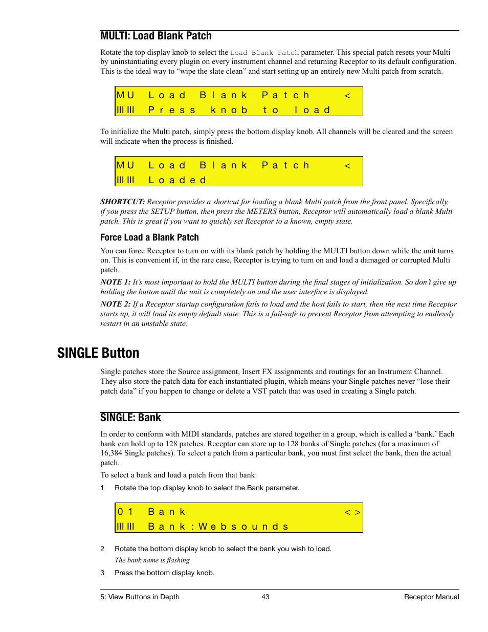 Multi: load blank patch, Single button, Single: bank | Muse Research Receptor manual v1.2 User Manual | Page 43 / 194