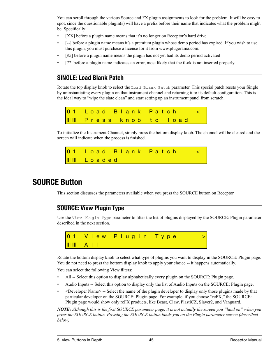 Single: load blank patch, Source button, Source: view plugin type | Muse Research Receptor manual v1.2 User Manual | Page 45 / 194