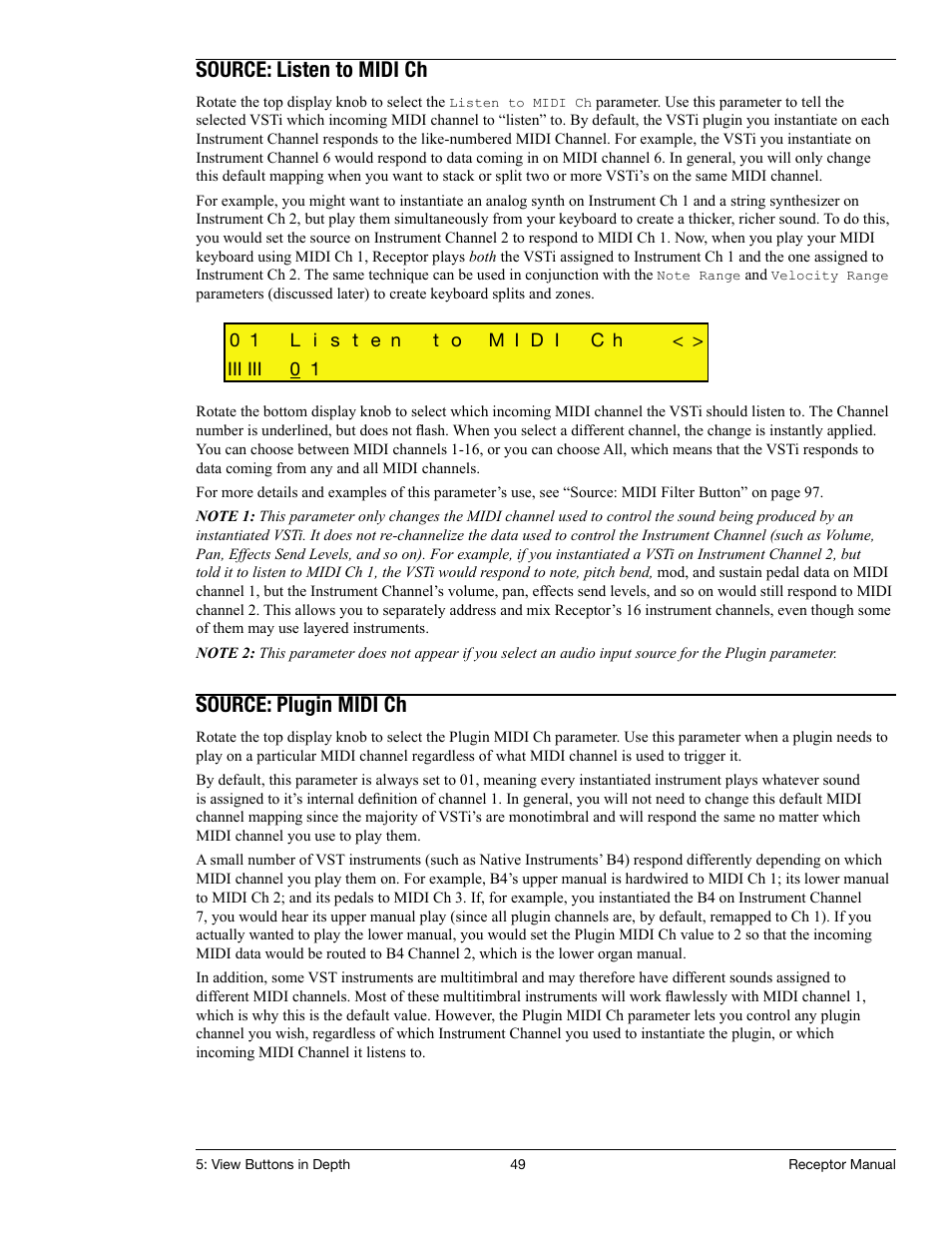 Source: listen to midi ch, Source: plugin midi ch | Muse Research Receptor manual v1.2 User Manual | Page 49 / 194