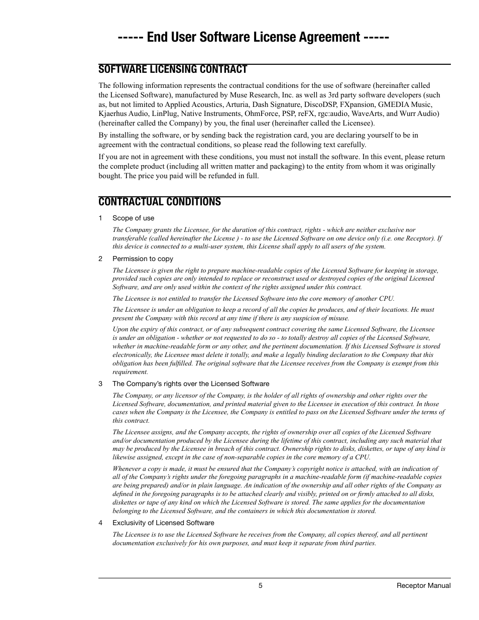 End user software license agreement, Software licensing contract, Contractual conditions | Muse Research Receptor manual v1.2 User Manual | Page 5 / 194