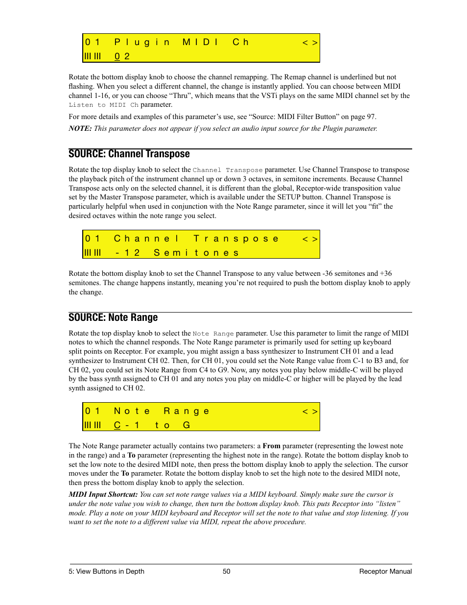 Source: channel transpose, Source: note range | Muse Research Receptor manual v1.2 User Manual | Page 50 / 194