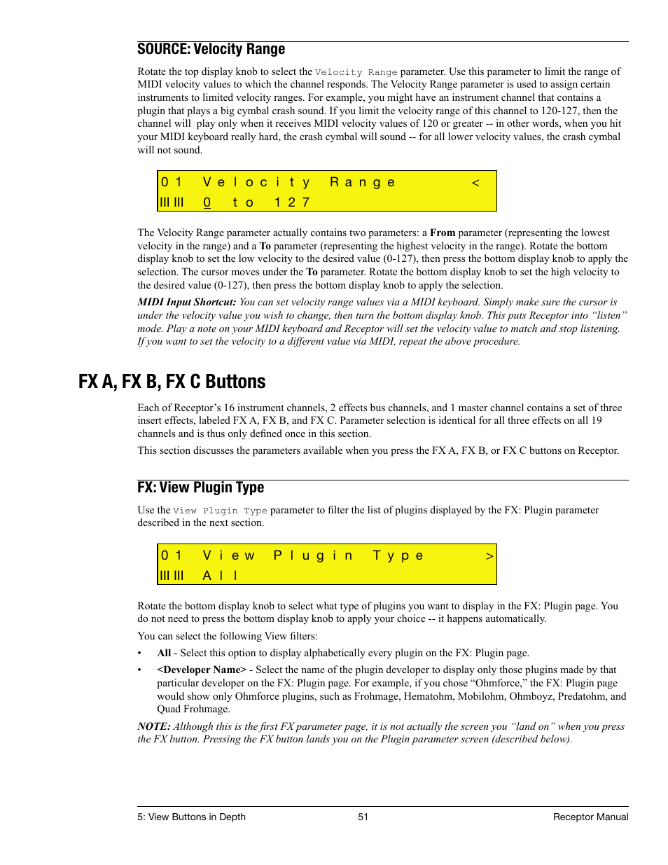 Source: velocity range, Fx a, fx b, fx c buttons, Fx: view plugin type | Muse Research Receptor manual v1.2 User Manual | Page 51 / 194