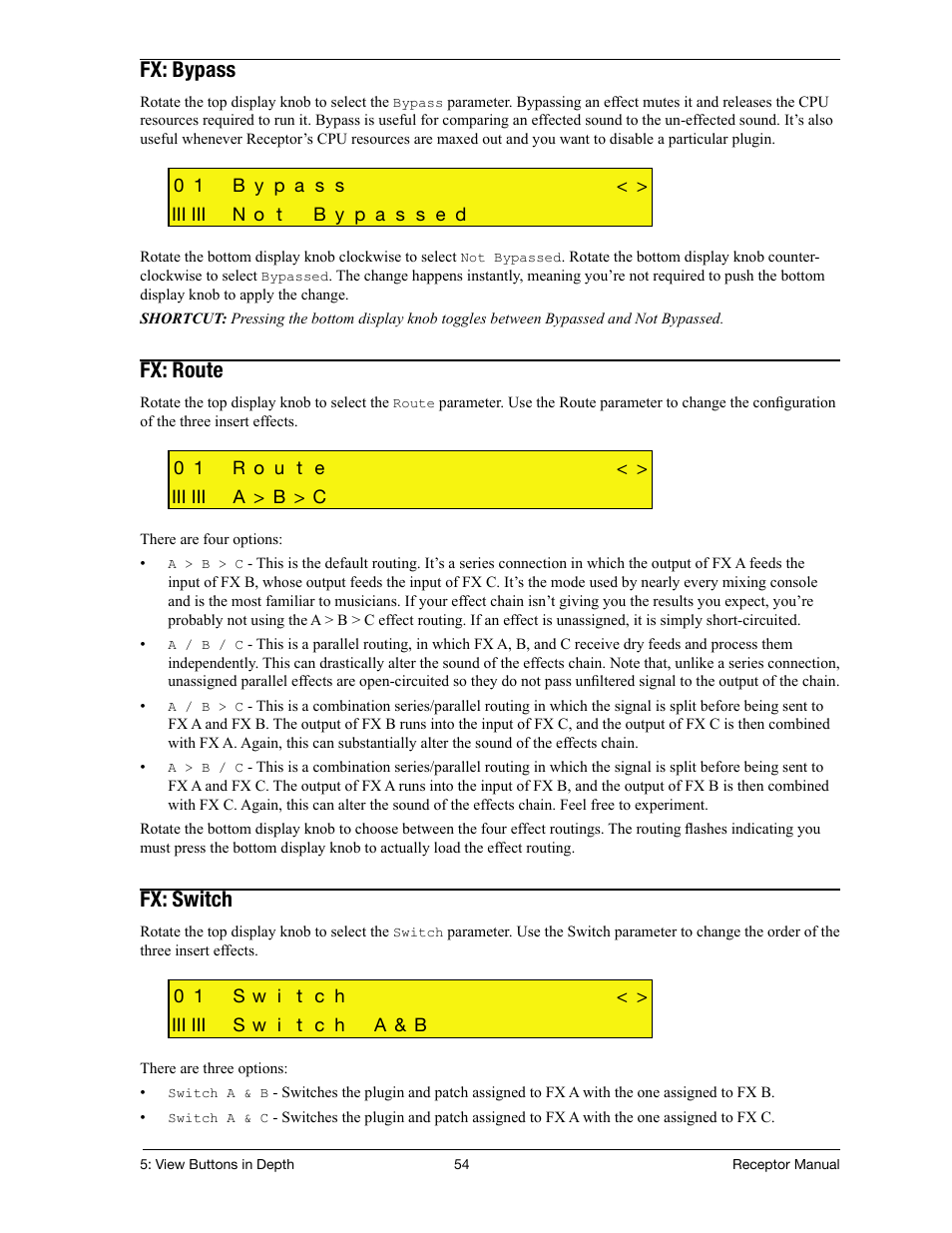 Fx: bypass, Fx: route, Fx: switch | Muse Research Receptor manual v1.2 User Manual | Page 54 / 194