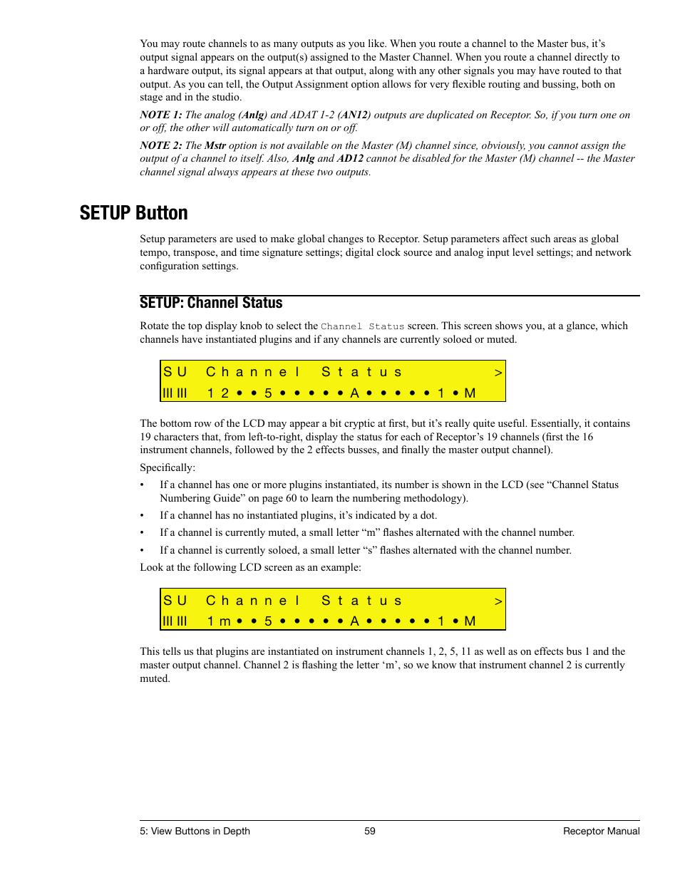 Setup button, Setup: channel status | Muse Research Receptor manual v1.2 User Manual | Page 59 / 194