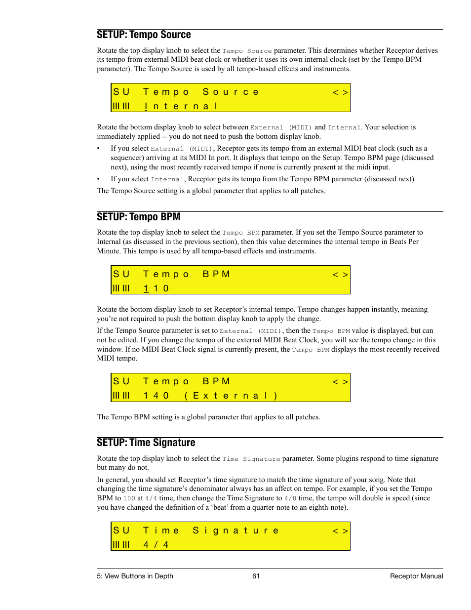 Setup: tempo source, Setup: tempo bpm, Setup: time signature | Muse Research Receptor manual v1.2 User Manual | Page 61 / 194