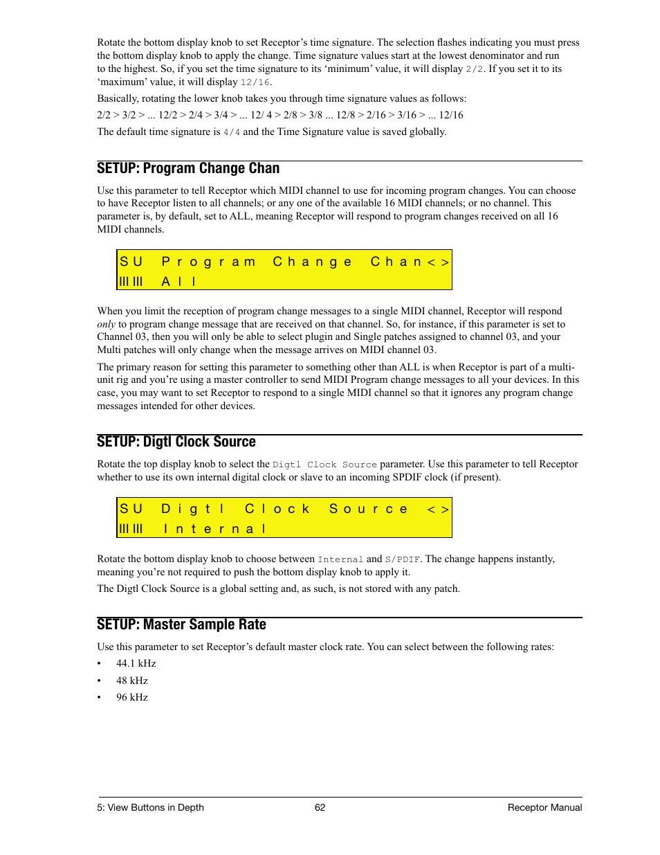Setup: program change chan, Setup: digtl clock source, Setup: master sample rate | Muse Research Receptor manual v1.2 User Manual | Page 62 / 194