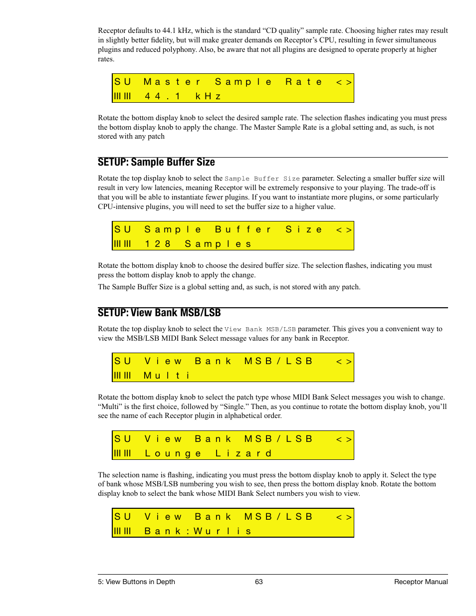Setup: sample buffer size, Setup: view bank msb/lsb | Muse Research Receptor manual v1.2 User Manual | Page 63 / 194