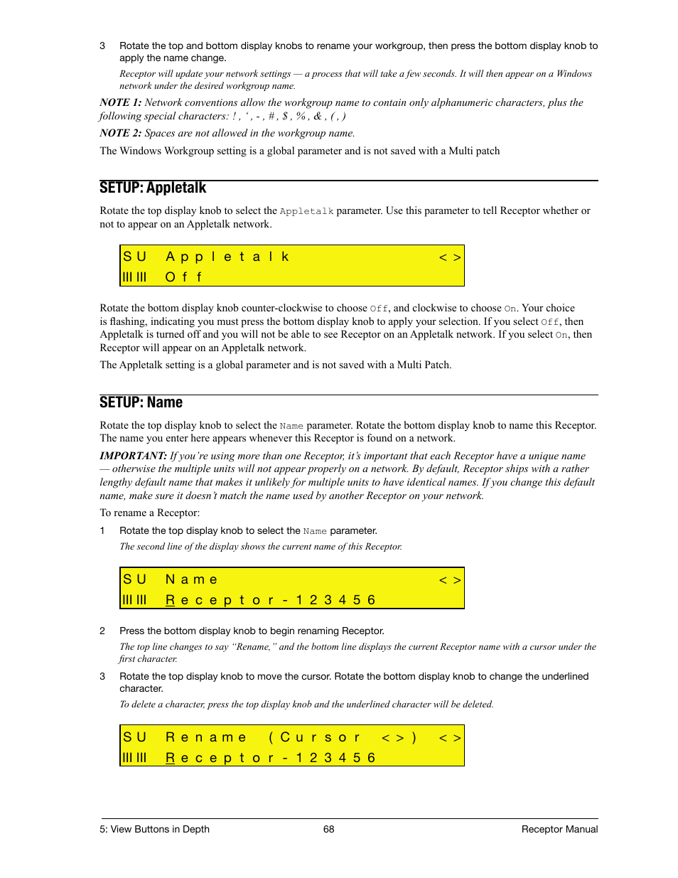 Setup: appletalk, Setup: name | Muse Research Receptor manual v1.2 User Manual | Page 68 / 194