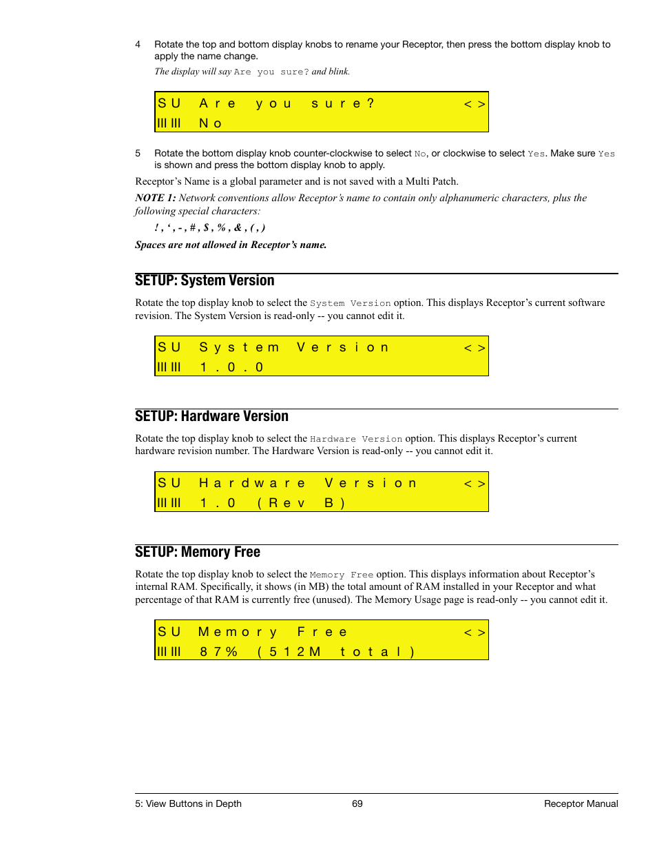 Setup: system version, Setup: hardware version, Setup: memory free | Muse Research Receptor manual v1.2 User Manual | Page 69 / 194