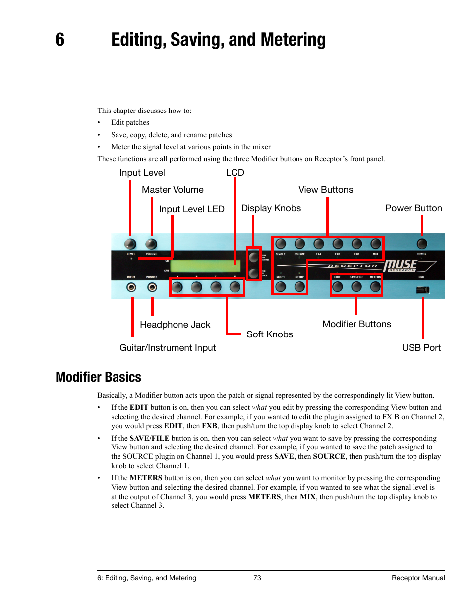 6 editing, saving, and metering, Modifier basics, Editing, saving, and metering | Modiﬁer basics, 6editing, saving, and metering | Muse Research Receptor manual v1.2 User Manual | Page 73 / 194
