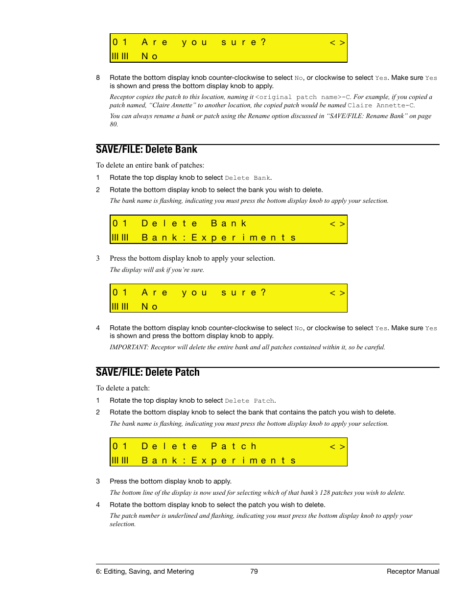 Save/file: delete bank, Save/file: delete patch | Muse Research Receptor manual v1.2 User Manual | Page 79 / 194