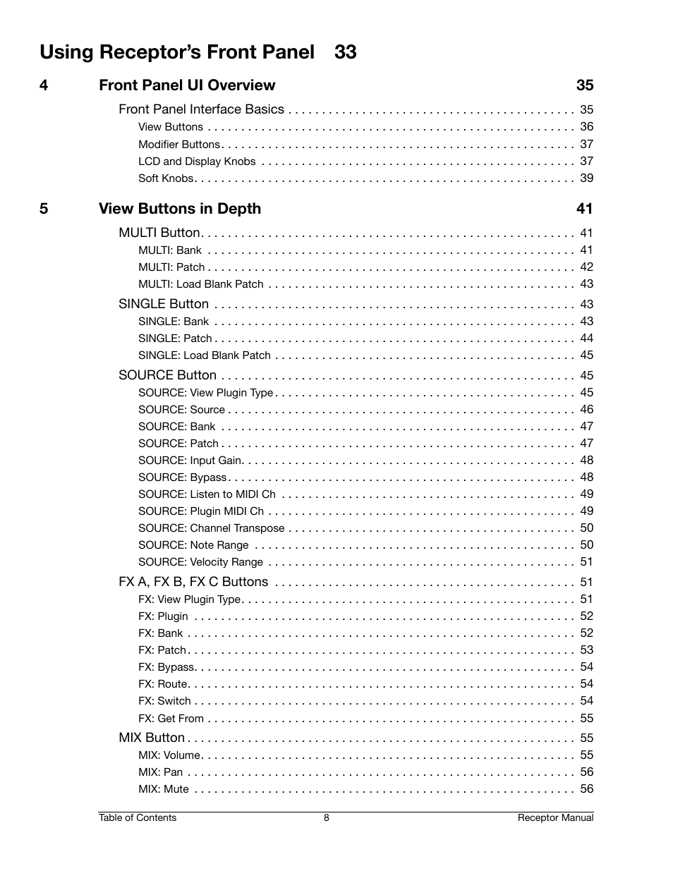 Using receptor’s front panel 33, 4front panel ui overview 35, 5view buttons in depth 41 | Muse Research Receptor manual v1.2 User Manual | Page 8 / 194