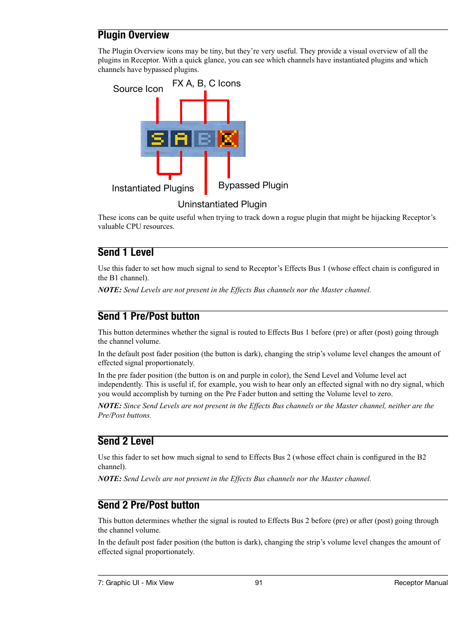 Plugin overview, Send 1 level, Send 1 pre/post button | Send 2 level, Send 2 pre/post button | Muse Research Receptor manual v1.2 User Manual | Page 91 / 194