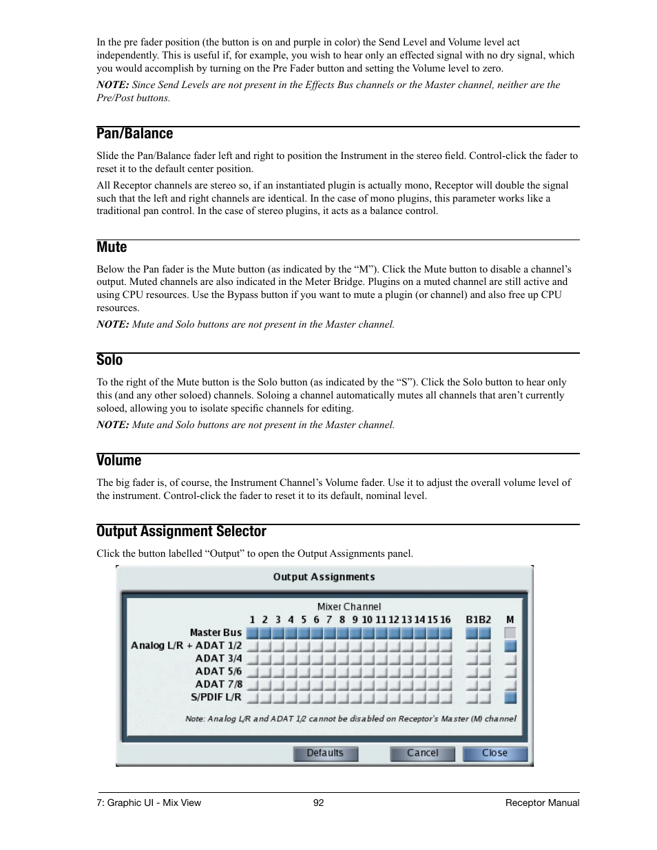 Pan/balance, Mute, Solo | Volume, Output assignment selector | Muse Research Receptor manual v1.2 User Manual | Page 92 / 194