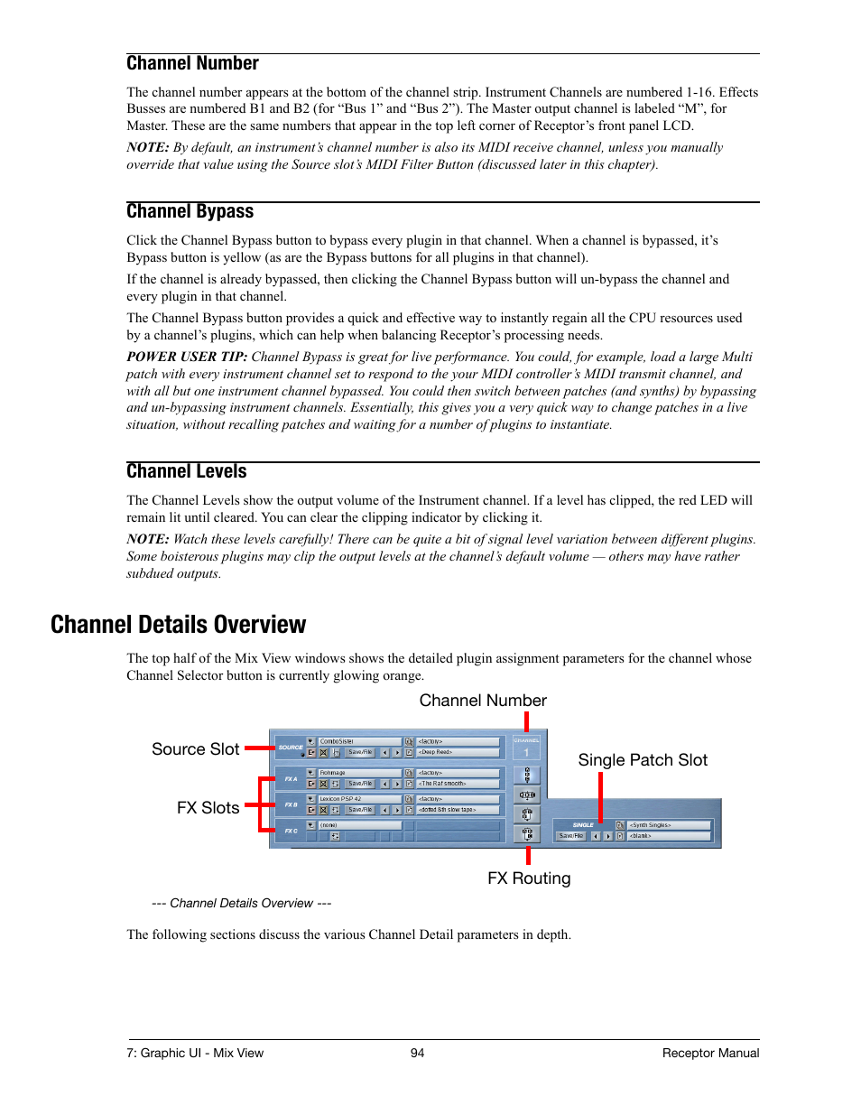 Channel number, Channel bypass, Channel levels | Channel details overview | Muse Research Receptor manual v1.2 User Manual | Page 94 / 194