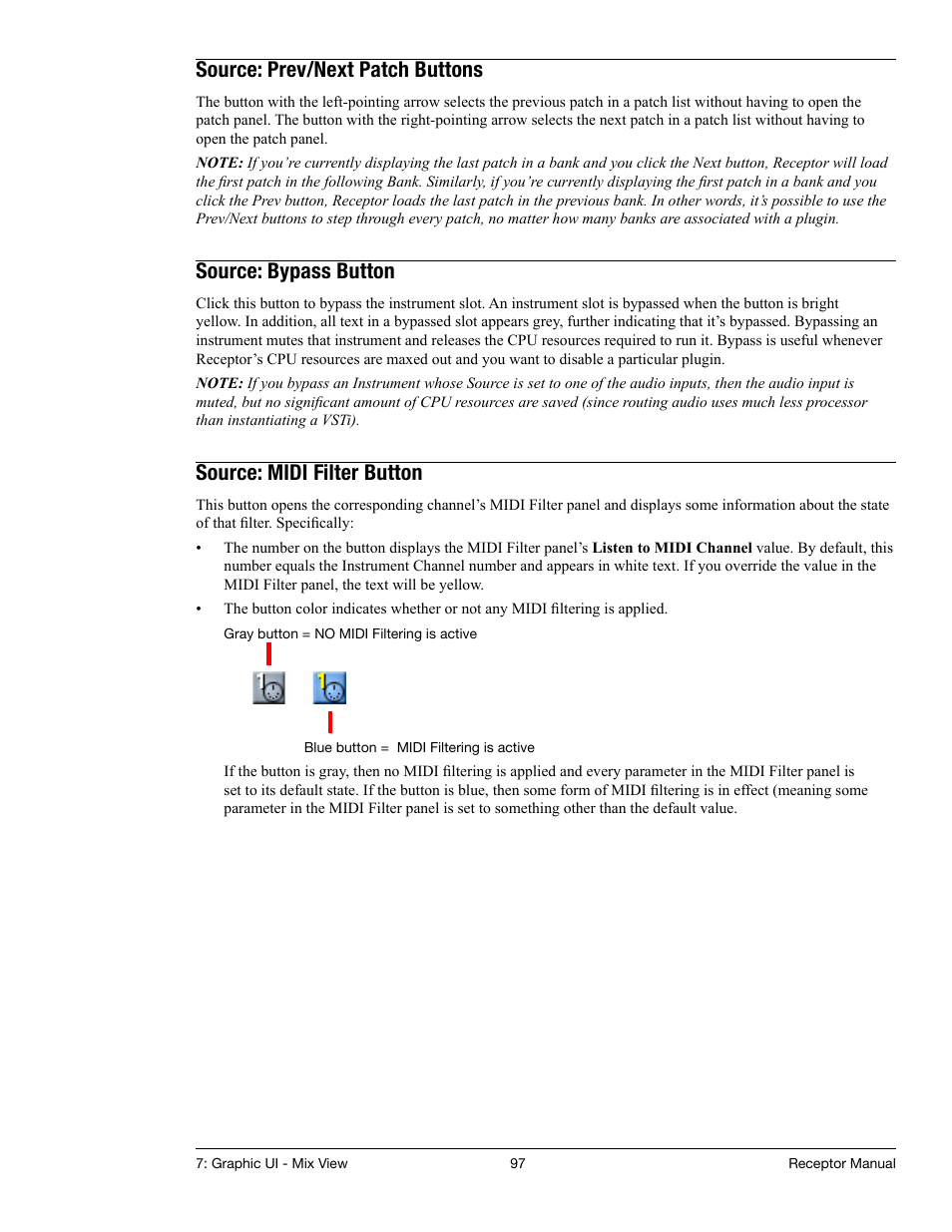 Source: prev/next patch buttons, Source: bypass button, Source: midi filter button | Muse Research Receptor manual v1.2 User Manual | Page 97 / 194
