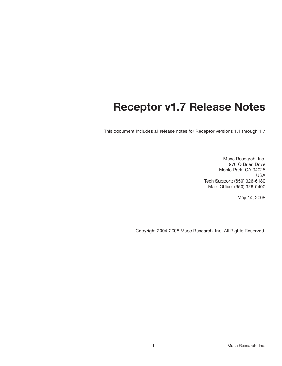 Muse Research Receptor v1.7 Release Notes User Manual | 62 pages