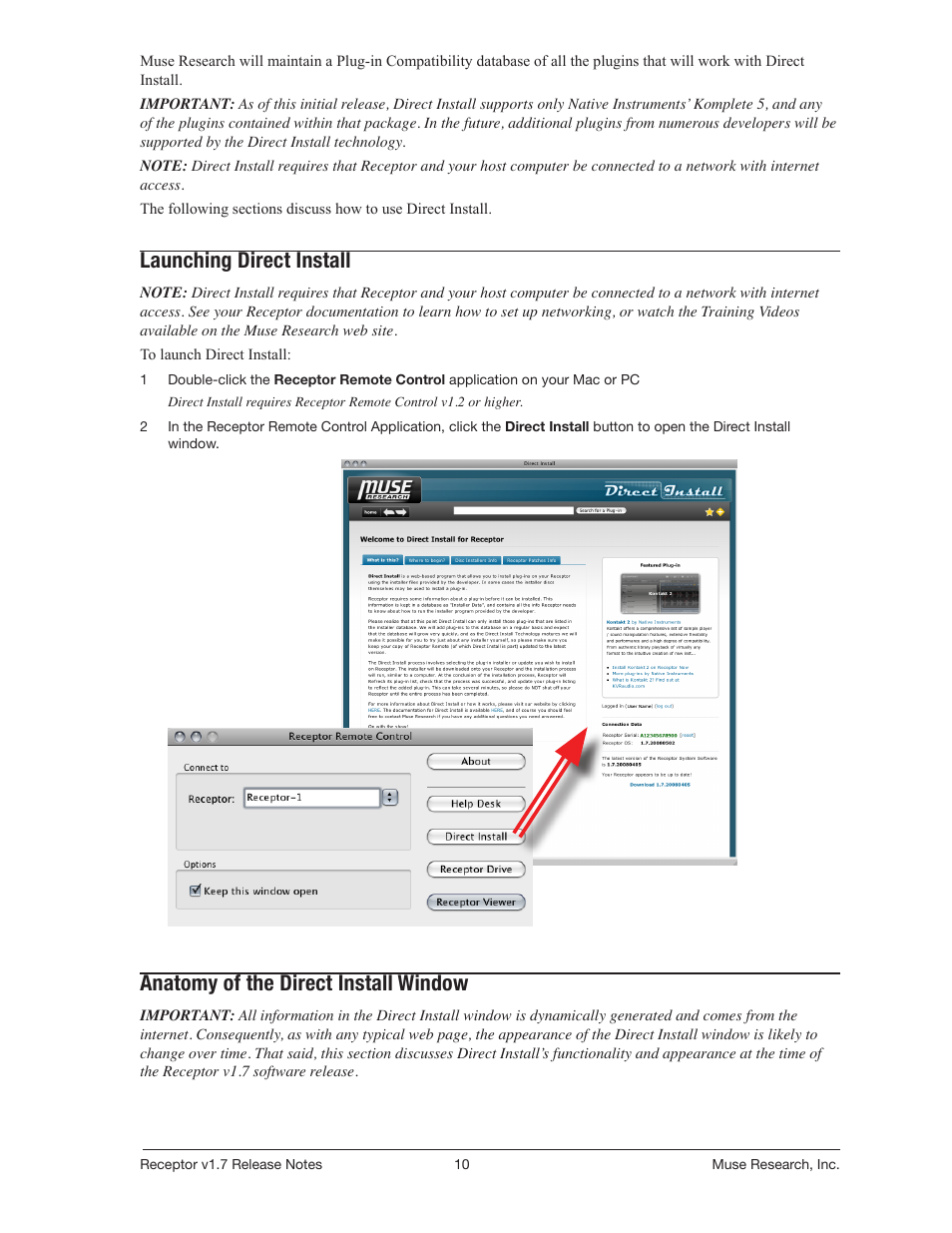Launching direct install, Anatomy of the direct install window | Muse Research Receptor v1.7 Release Notes User Manual | Page 10 / 62