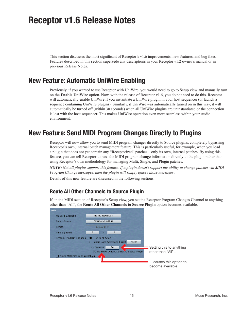 Receptor v1.6 release notes, New: automatic uniwire enabling, New: send midi program changes directly to plugins | New feature: automatic uniwire enabling, Route all other channels to source plugin | Muse Research Receptor v1.7 Release Notes User Manual | Page 15 / 62