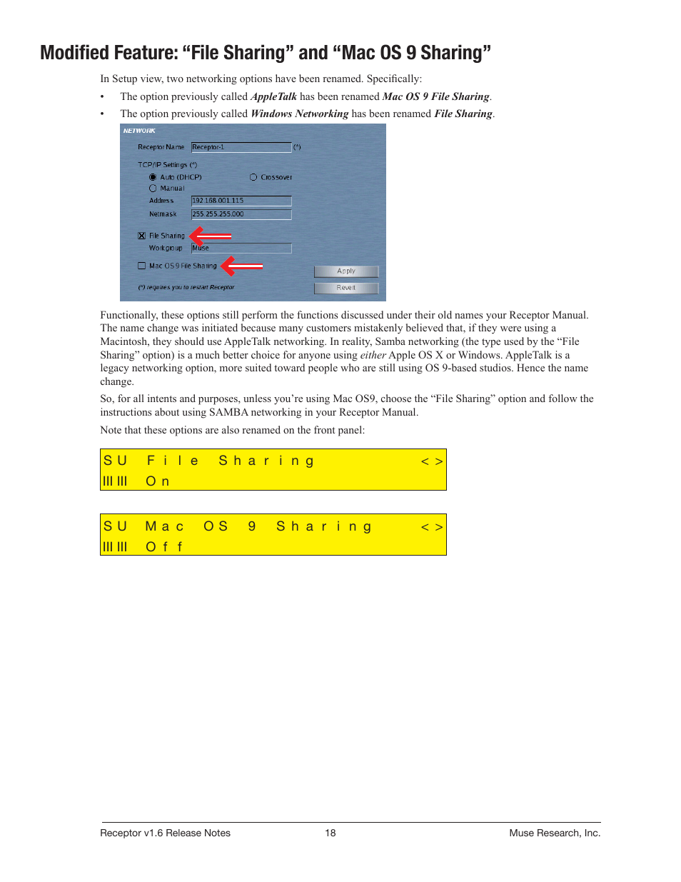 Modified: “file sharing” and “mac os 9 sharing | Muse Research Receptor v1.7 Release Notes User Manual | Page 18 / 62