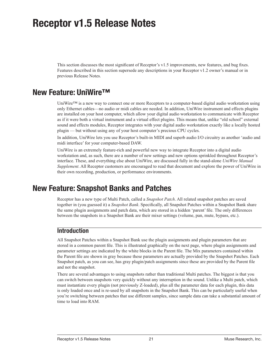 Receptor v1.5 release notes, New: uniwire, New: snapshot banks and patches | New feature: uniwire, New feature: snapshot banks and patches, Introduction | Muse Research Receptor v1.7 Release Notes User Manual | Page 21 / 62