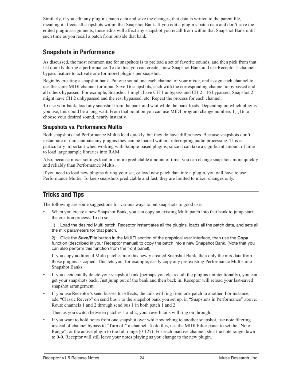 Snapshots in performance, Tricks and tips | Muse Research Receptor v1.7 Release Notes User Manual | Page 24 / 62