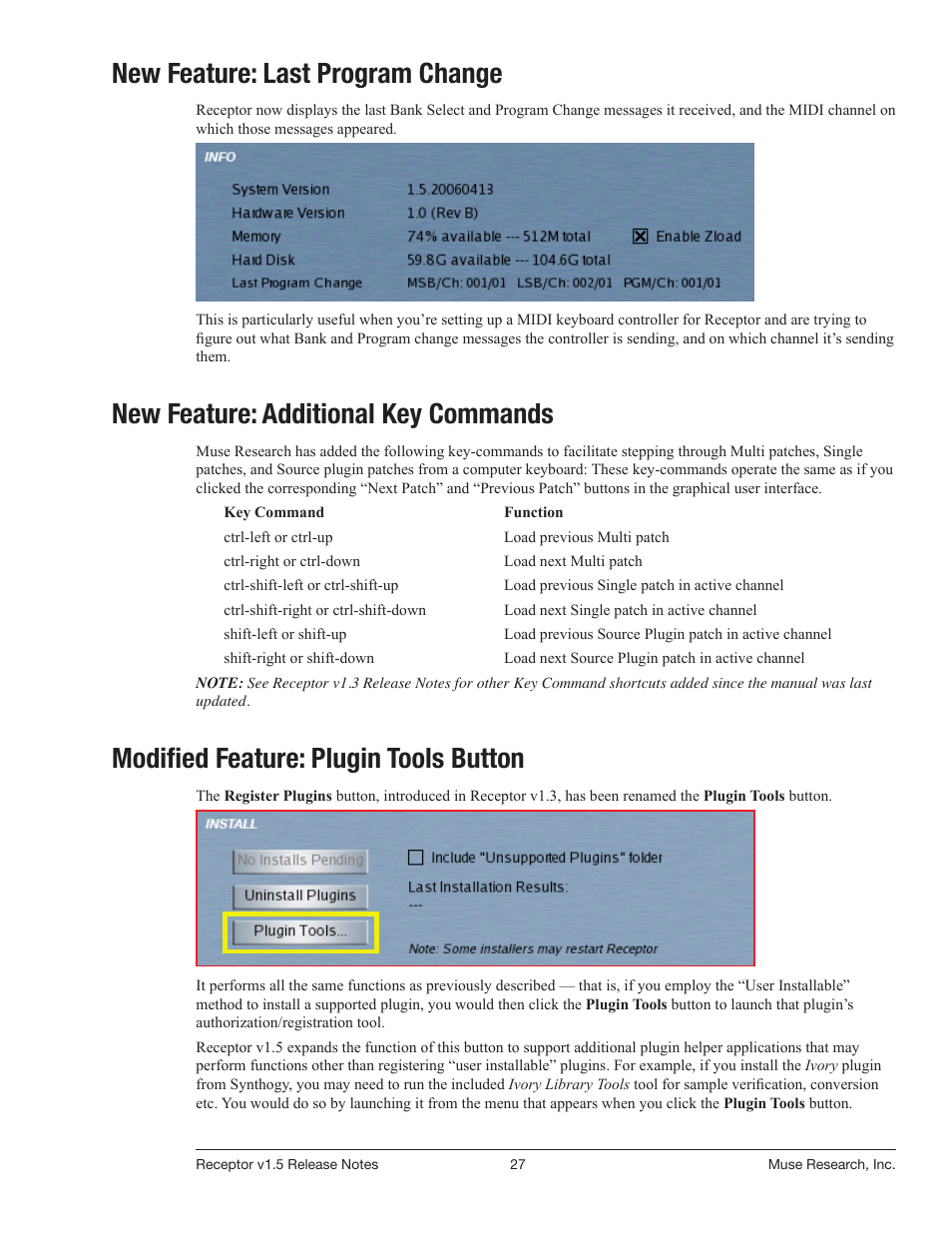 New: last program change, New: additional key commands, Modified: plugin tools button | New feature: last program change, New feature: additional key commands, Modified feature: plugin tools button | Muse Research Receptor v1.7 Release Notes User Manual | Page 27 / 62