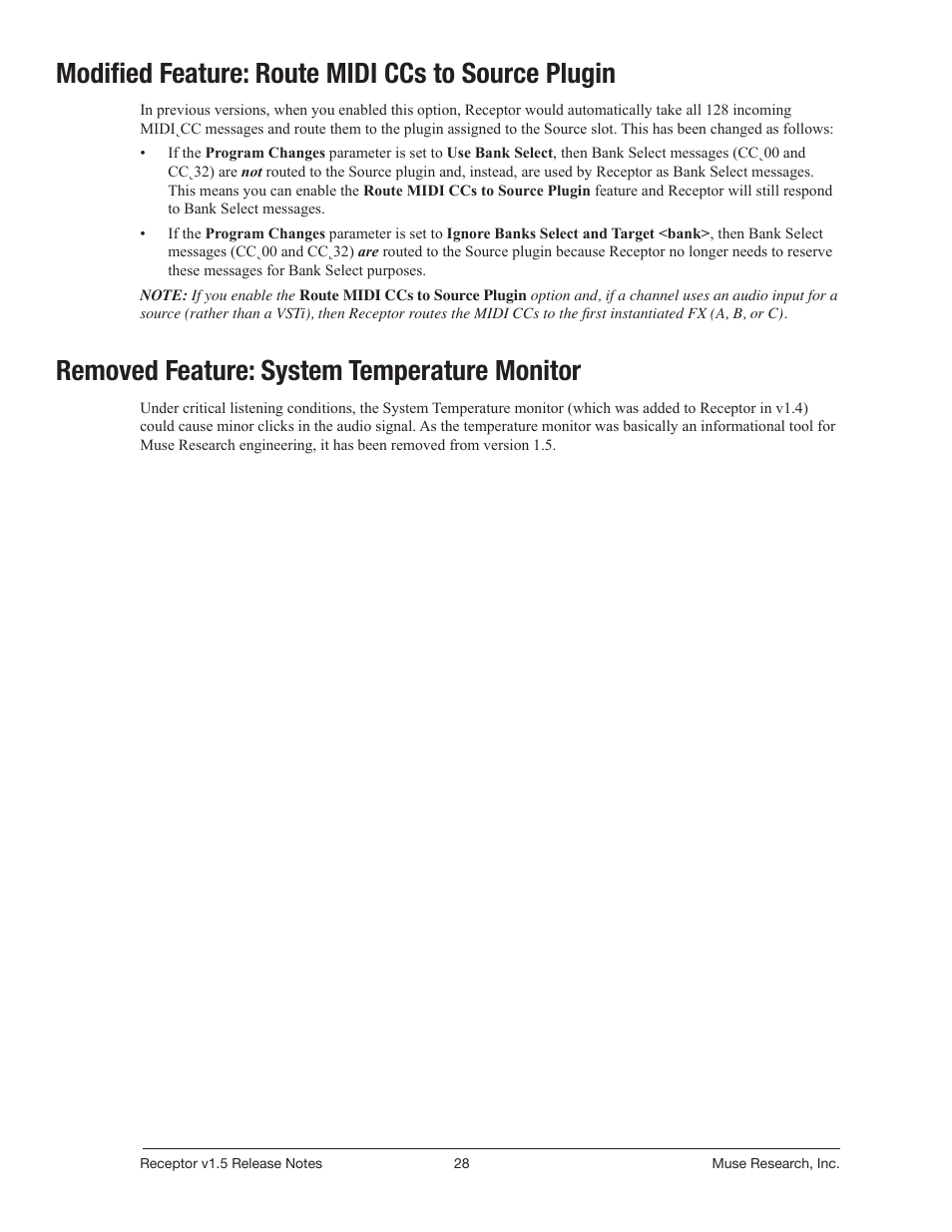 Modified: route midi ccs to source plugin, Removed: system temperature monitor, Modified feature: route midi ccs to source plugin | Removed feature: system temperature monitor | Muse Research Receptor v1.7 Release Notes User Manual | Page 28 / 62