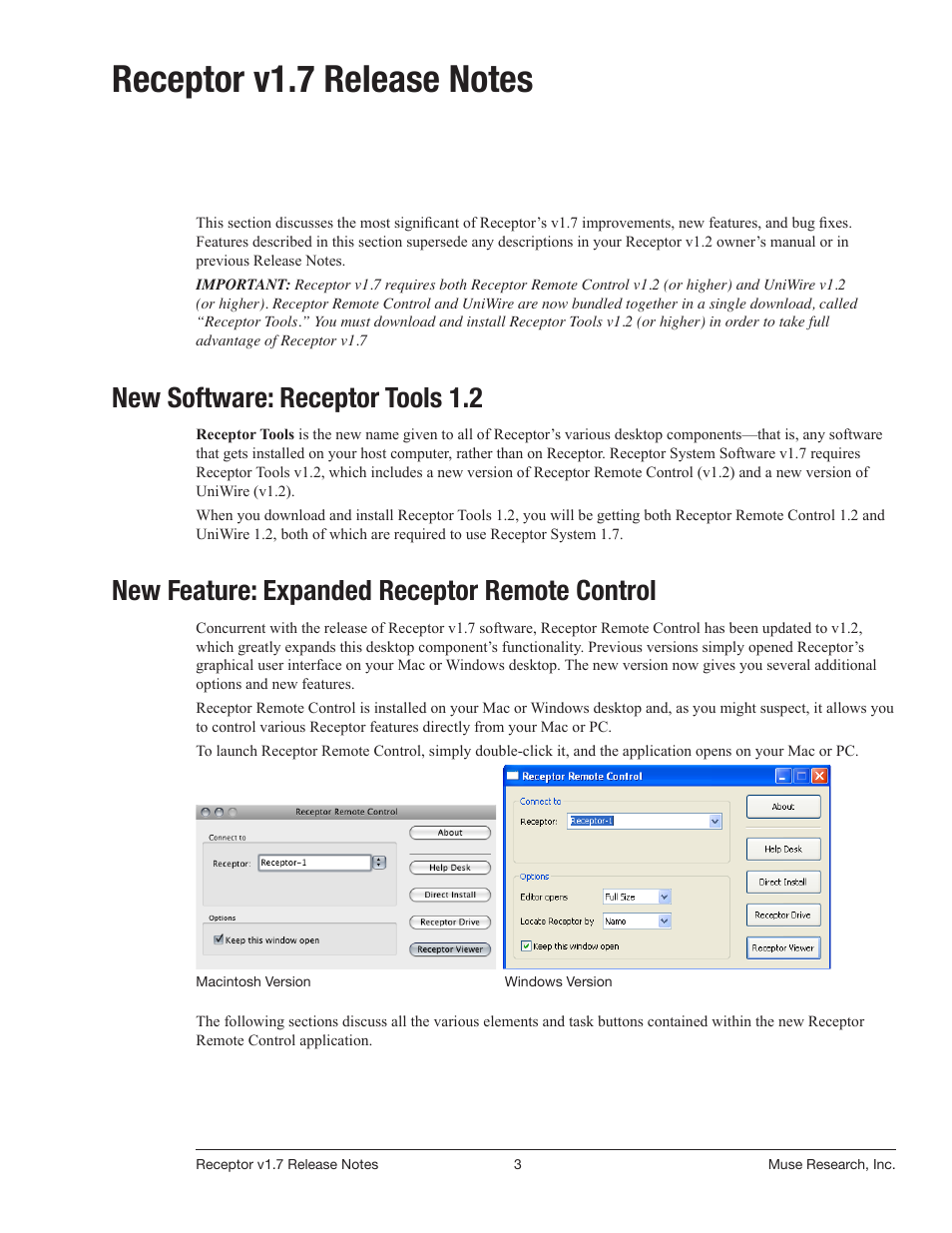 Receptor v1.7 release notes, New software: receptor tools 1.2, New feature: expanded receptor remote control | Muse Research Receptor v1.7 Release Notes User Manual | Page 3 / 62