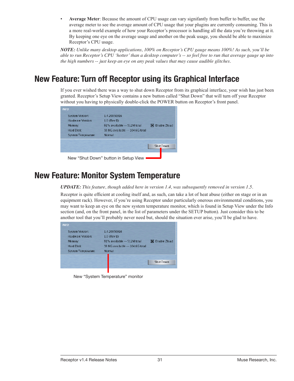 New: turn off receptor using its gui, New feature: monitor system temperature | Muse Research Receptor v1.7 Release Notes User Manual | Page 31 / 62