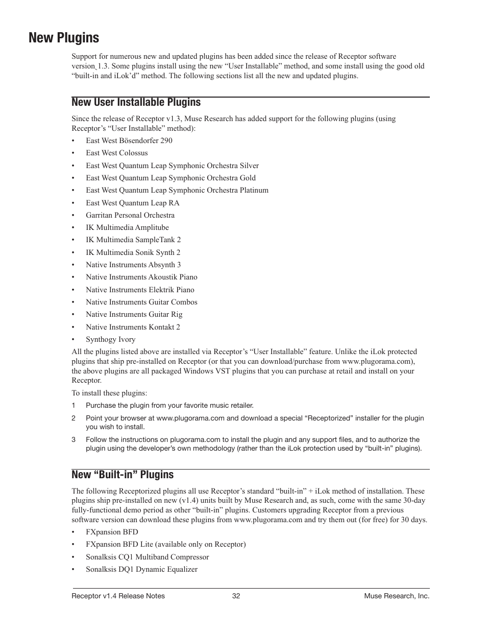New: plugins, New plugins, New user installable plugins | New “built-in” plugins | Muse Research Receptor v1.7 Release Notes User Manual | Page 32 / 62
