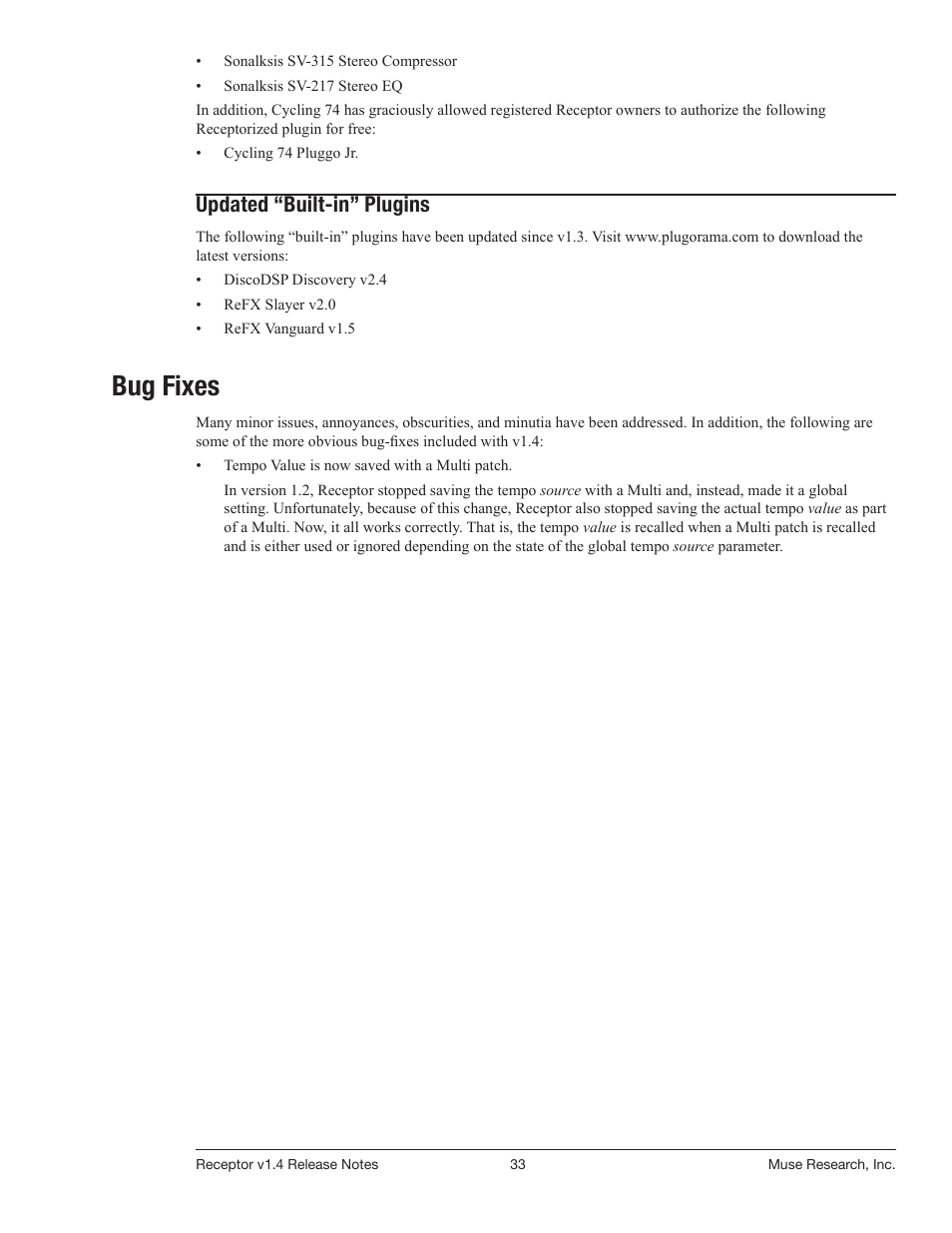 Bug fixes, Updated “built-in” plugins | Muse Research Receptor v1.7 Release Notes User Manual | Page 33 / 62