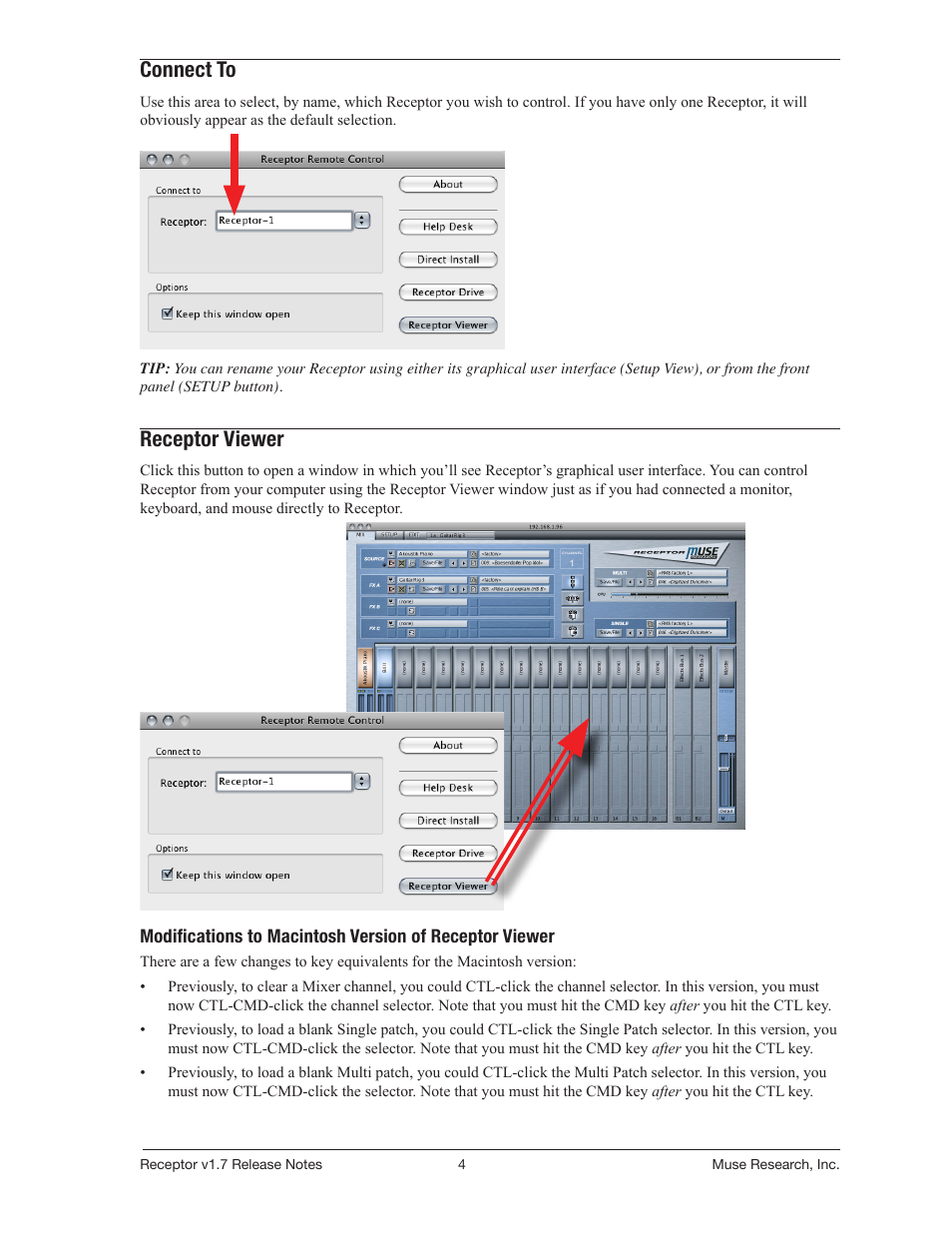 Connect to, Receptor viewer | Muse Research Receptor v1.7 Release Notes User Manual | Page 4 / 62