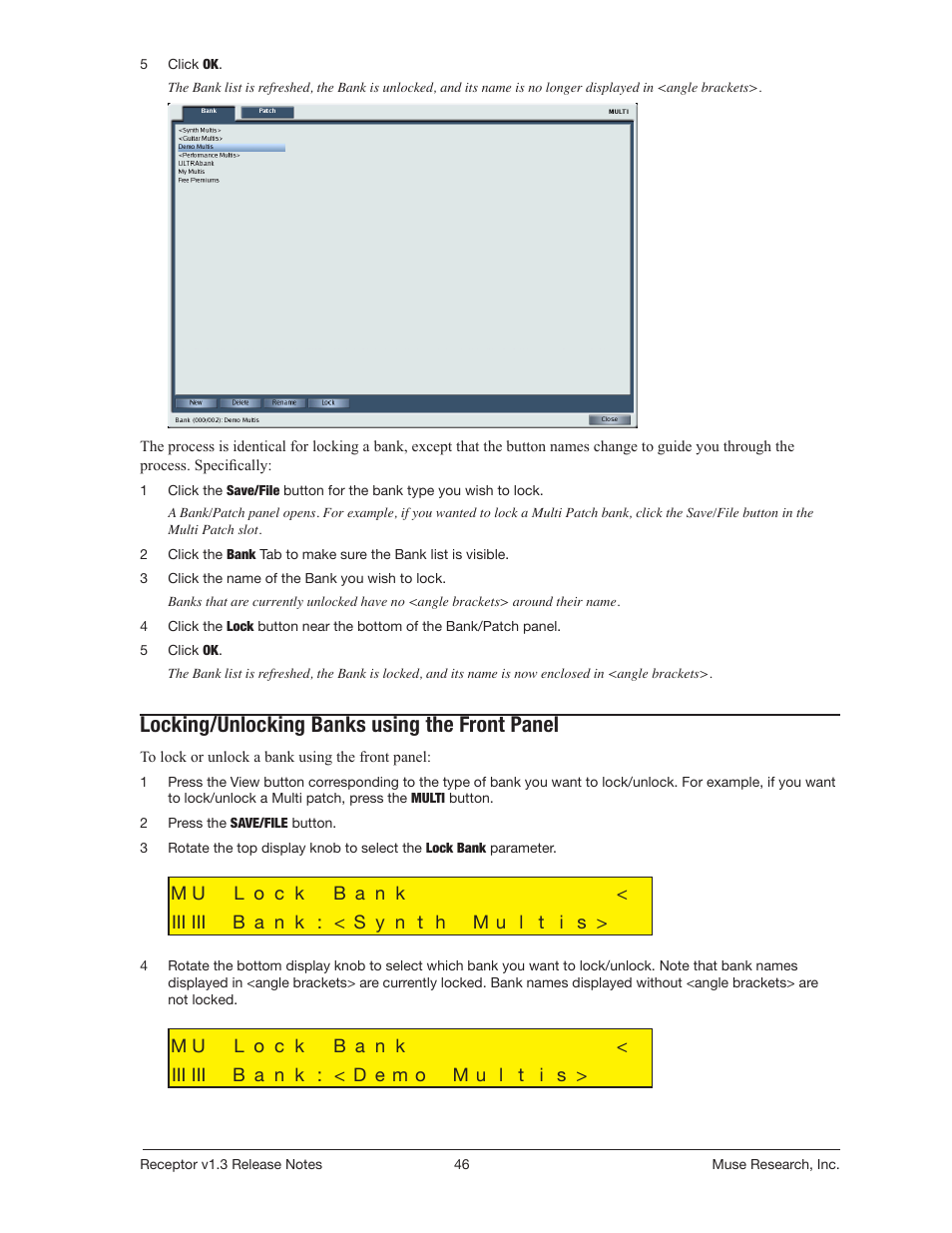 Locking/unlocking banks using the front panel | Muse Research Receptor v1.7 Release Notes User Manual | Page 46 / 62