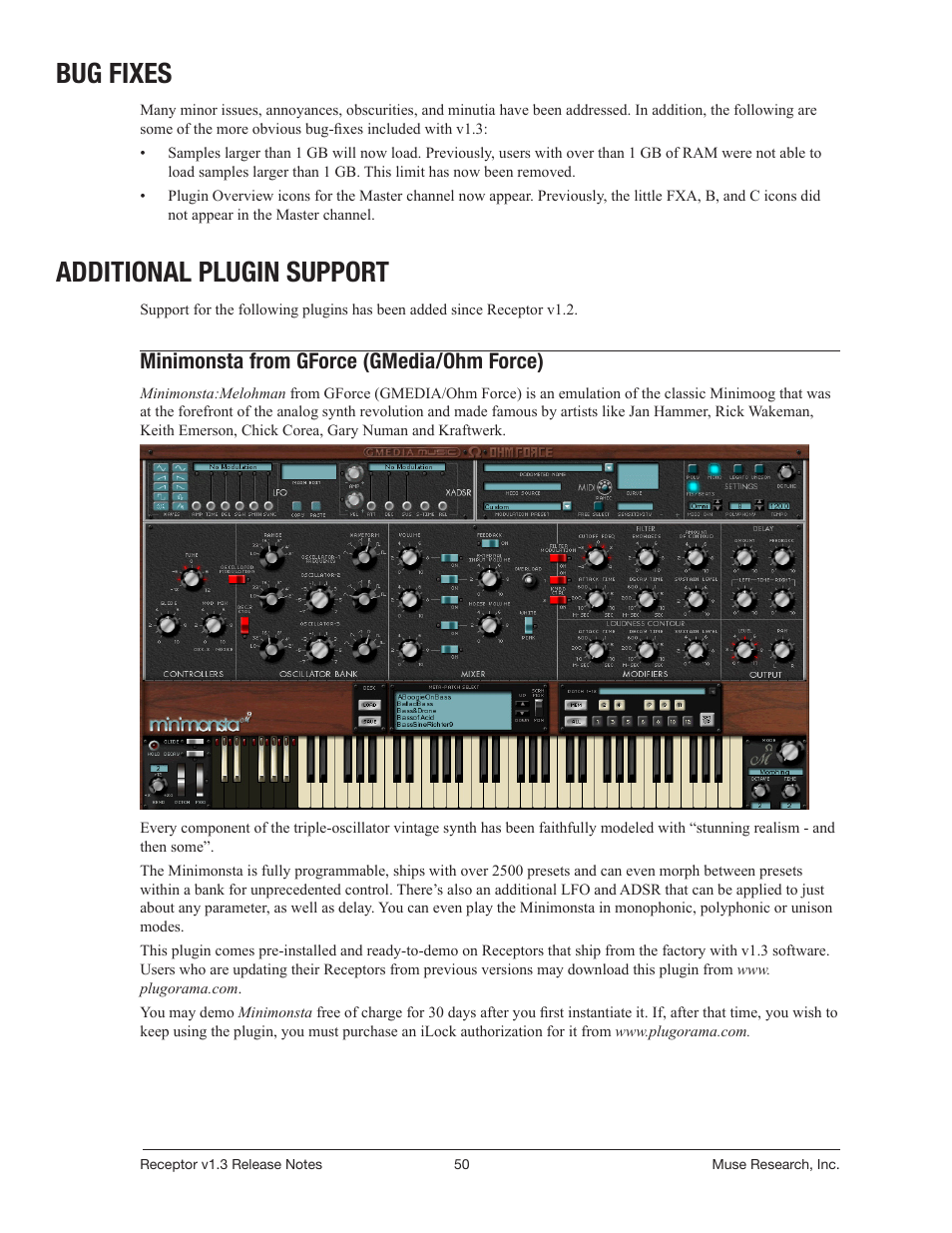 New: plugins, Bug fixes, Additional plugin support | Minimonsta from gforce (gmedia/ohm force) | Muse Research Receptor v1.7 Release Notes User Manual | Page 50 / 62
