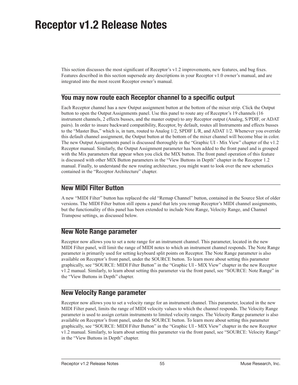 Receptor v1.2 release notes, New midi filter button, New velocity range parameter | Muse Research Receptor v1.7 Release Notes User Manual | Page 55 / 62