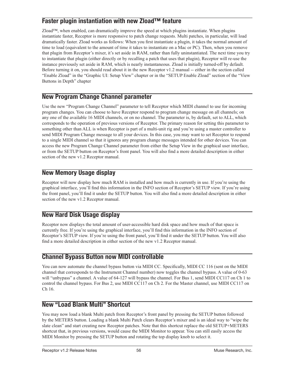 New program change channel parameter, New hard disk usage display, Channel bypass button now midi controllable | New “load blank multi” shortcut | Muse Research Receptor v1.7 Release Notes User Manual | Page 56 / 62