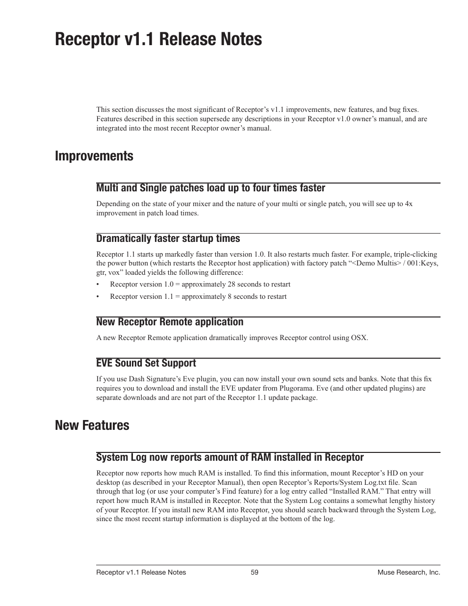 Receptor v1.1 release notes, Improvements, New features | Muse Research Receptor v1.7 Release Notes User Manual | Page 59 / 62