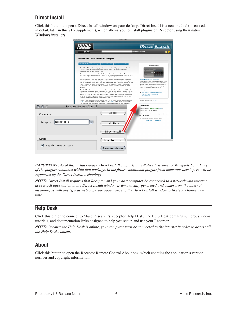 Direct install, Help desk, About | Muse Research Receptor v1.7 Release Notes User Manual | Page 6 / 62