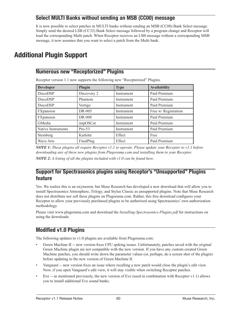 Additional plugin support, Numerous new “receptorized” plugins, Modified v1.0 plugins | Muse Research Receptor v1.7 Release Notes User Manual | Page 60 / 62