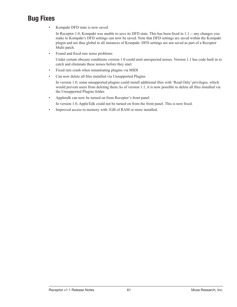 Bug fixes | Muse Research Receptor v1.7 Release Notes User Manual | Page 61 / 62