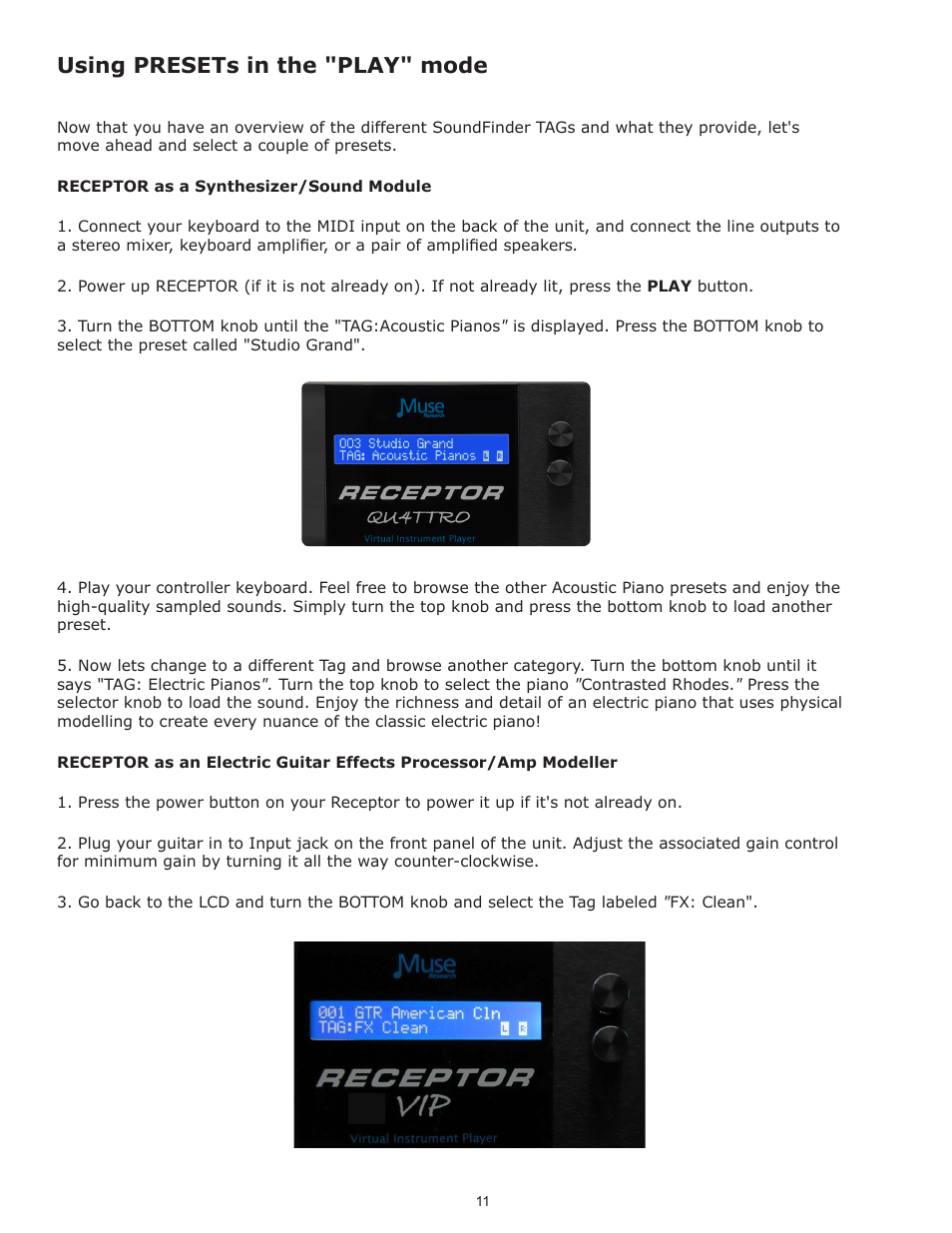 Using presets in the "play" mode | Muse Research Receptor V2.0.1 Software Update Manual User Manual | Page 11 / 46