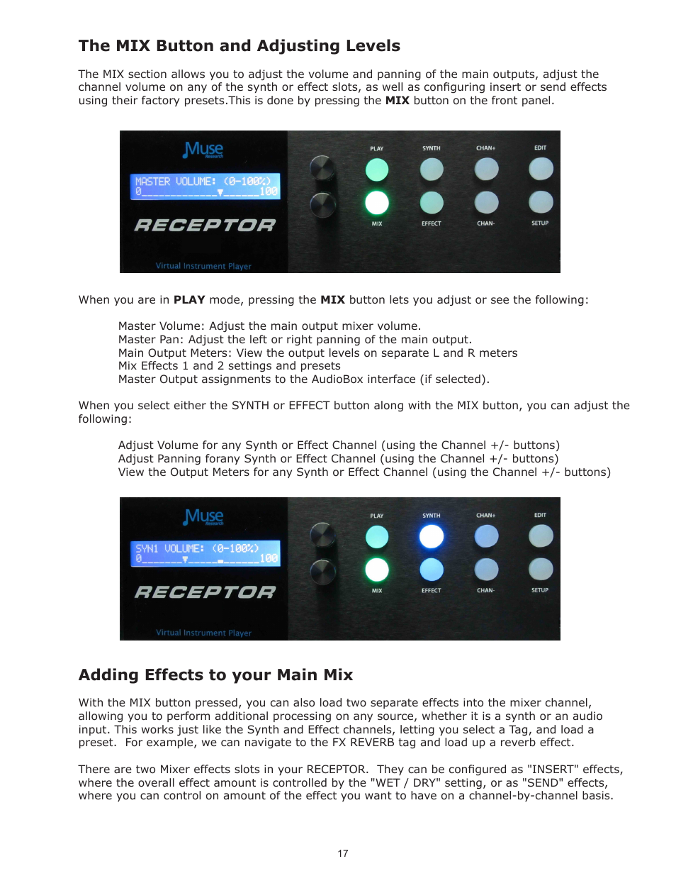 The mix button and adjusting levels, Adding effects to your main mix | Muse Research Receptor V2.0.1 Software Update Manual User Manual | Page 17 / 46