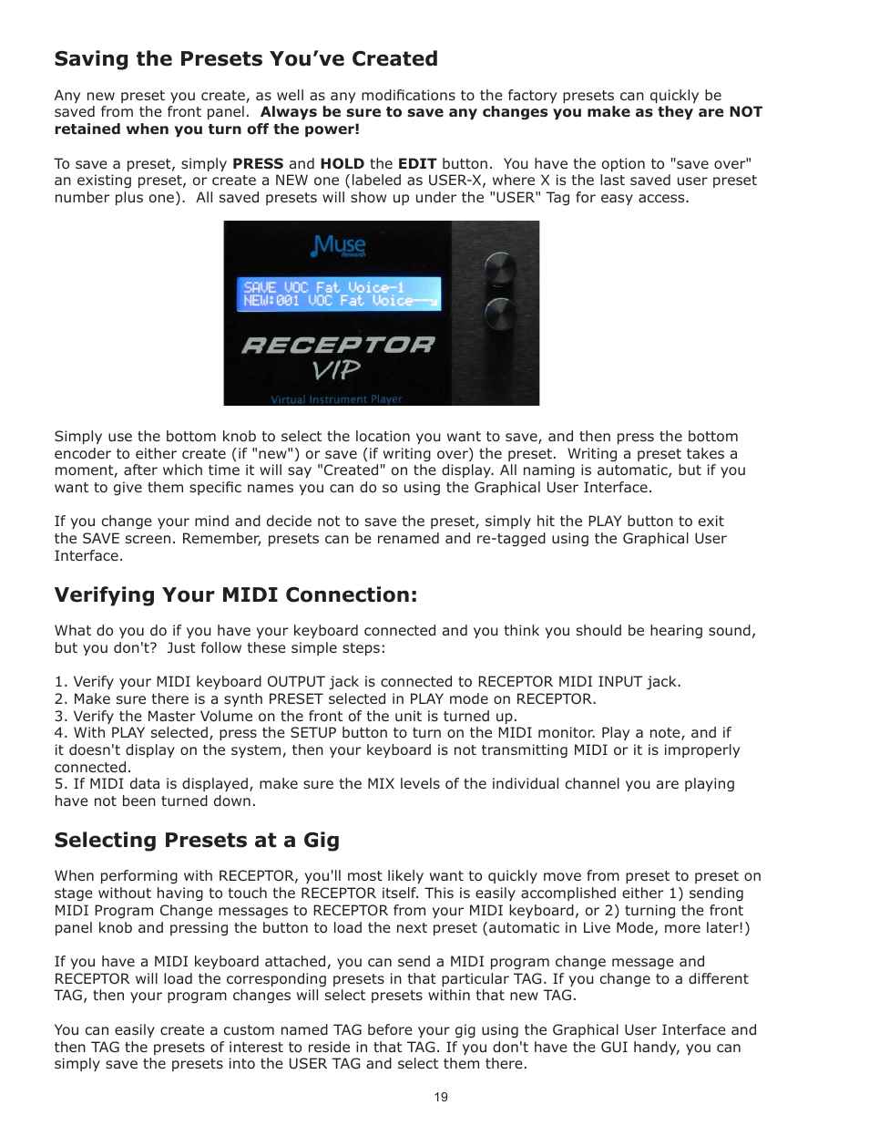 Saving the presets you’ve created, Verifying your midi connection, Selecting presets at a gig | Muse Research Receptor V2.0.1 Software Update Manual User Manual | Page 19 / 46