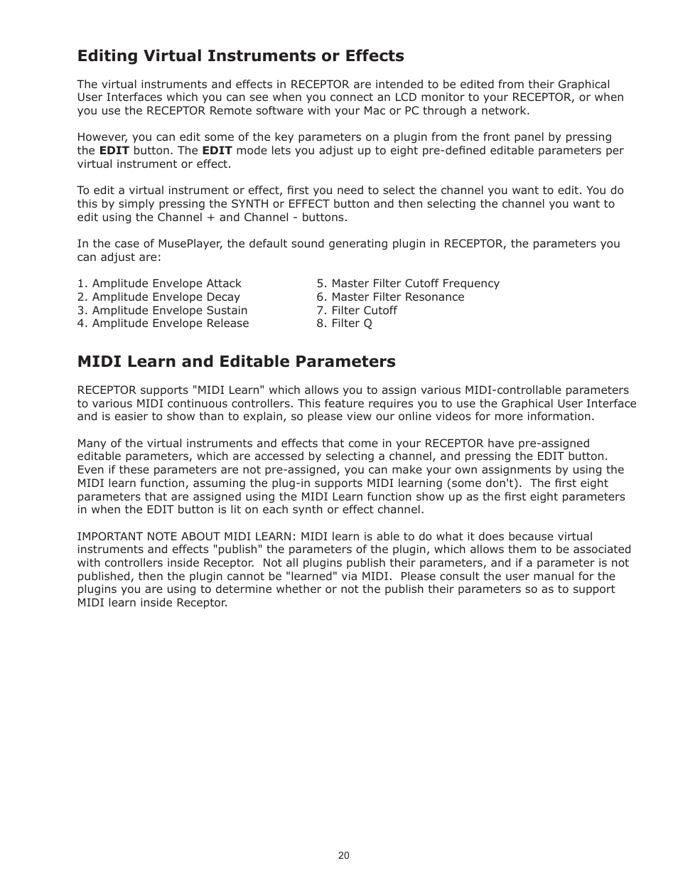 Editing virtual instruments or effects, Midi learn and editable parameters | Muse Research Receptor V2.0.1 Software Update Manual User Manual | Page 20 / 46