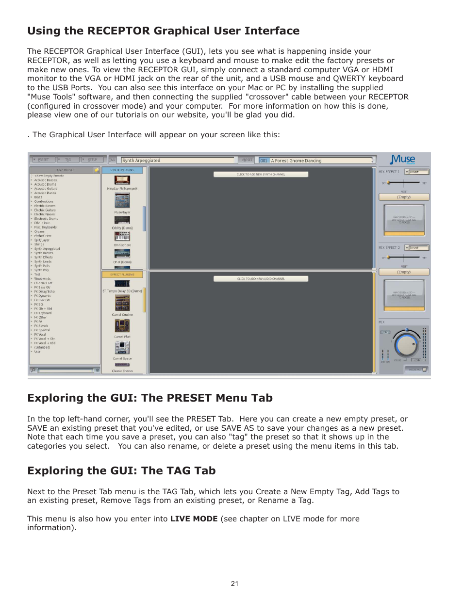 Using the receptor graphical user interface, Exploring the gui: the preset menu tab, Exploring the gui: the tag tab | Muse Research Receptor V2.0.1 Software Update Manual User Manual | Page 21 / 46