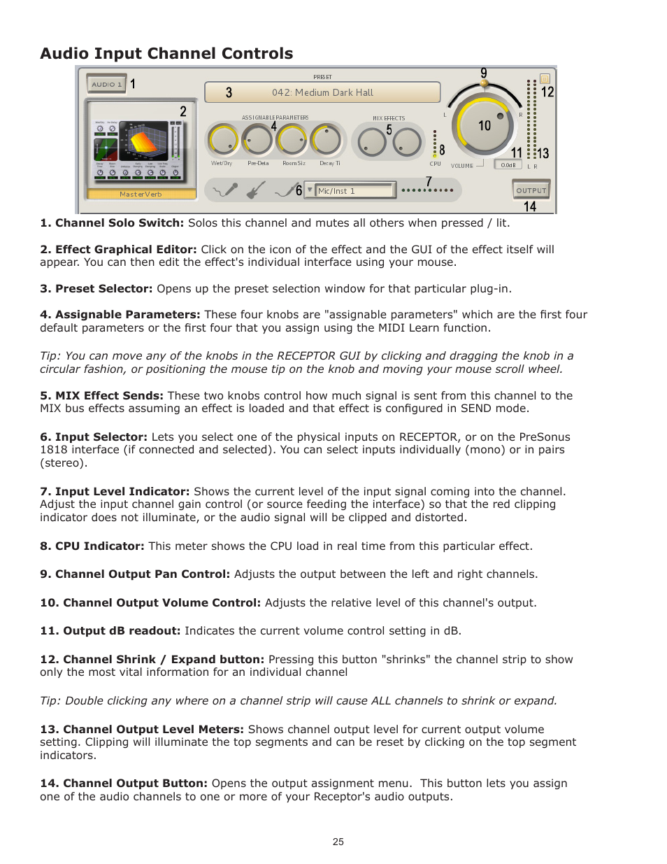 Audio input channel controls | Muse Research Receptor V2.0.1 Software Update Manual User Manual | Page 25 / 46