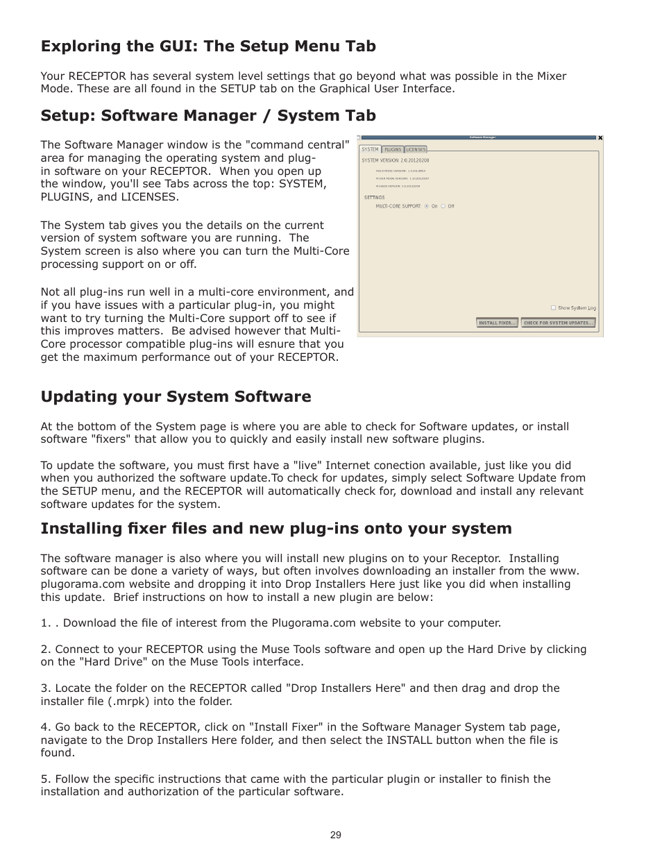 Exploring the gui: the setup menu tab, Setup: software manager / system tab, Updating your system software | Muse Research Receptor V2.0.1 Software Update Manual User Manual | Page 29 / 46