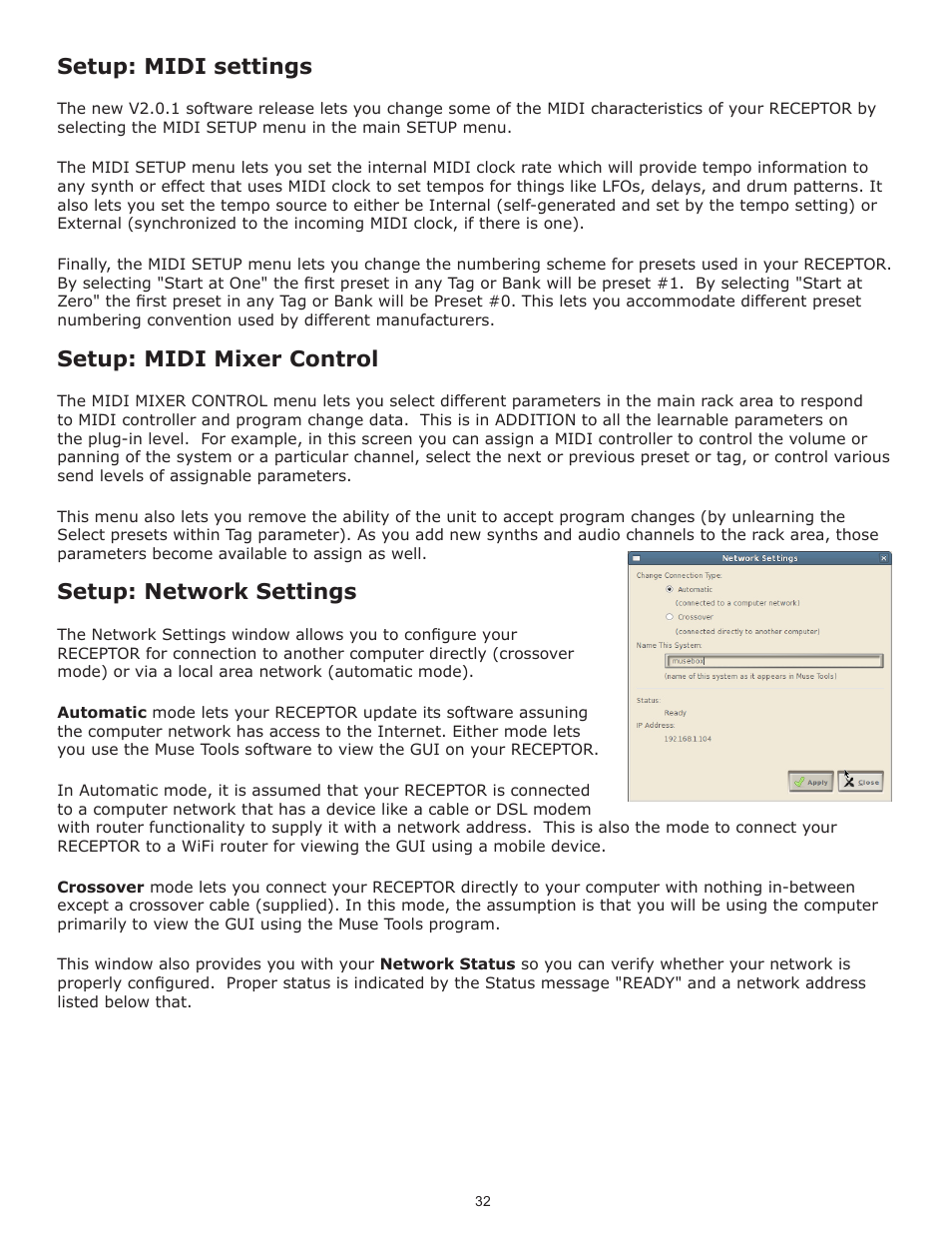 Setup: midi settings, Setup: midi mixer control, Setup: network settings | Muse Research Receptor V2.0.1 Software Update Manual User Manual | Page 32 / 46