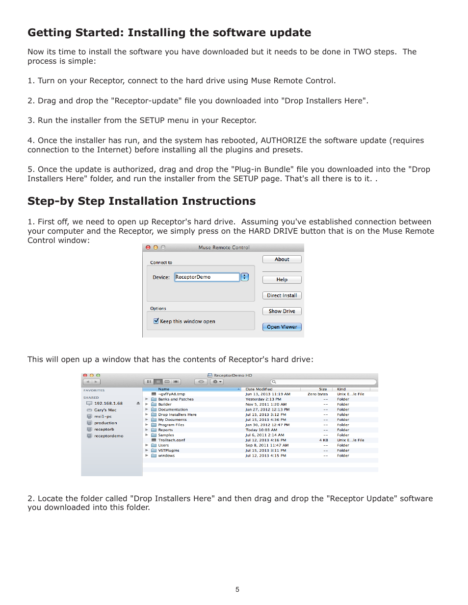 Getting started: installing the software update, Step-by step installation instructions | Muse Research Receptor V2.0.1 Software Update Manual User Manual | Page 5 / 46